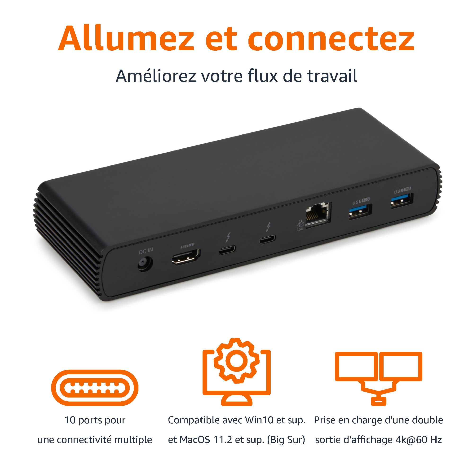 Amazon Basics Station d'accueil Thunderbolt4/USB4 Pro, 2xTBT4, 1xHDMI 2.1, 3xUSB A 3.1, RJ45, Double Affichage, Noir, 19,96 x 7,5 x 3,12 cm