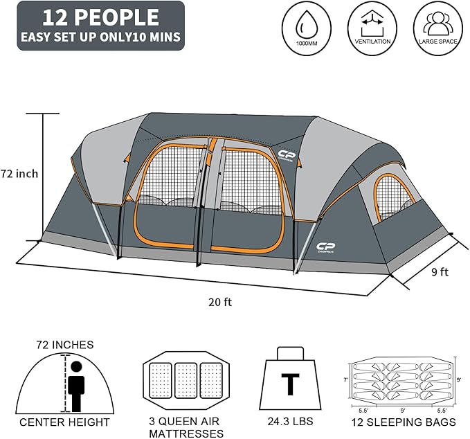 Carpa CAMPROS CP para 12 personas, 3 habitaciones, Impermeable y Ventilada miniatura 2