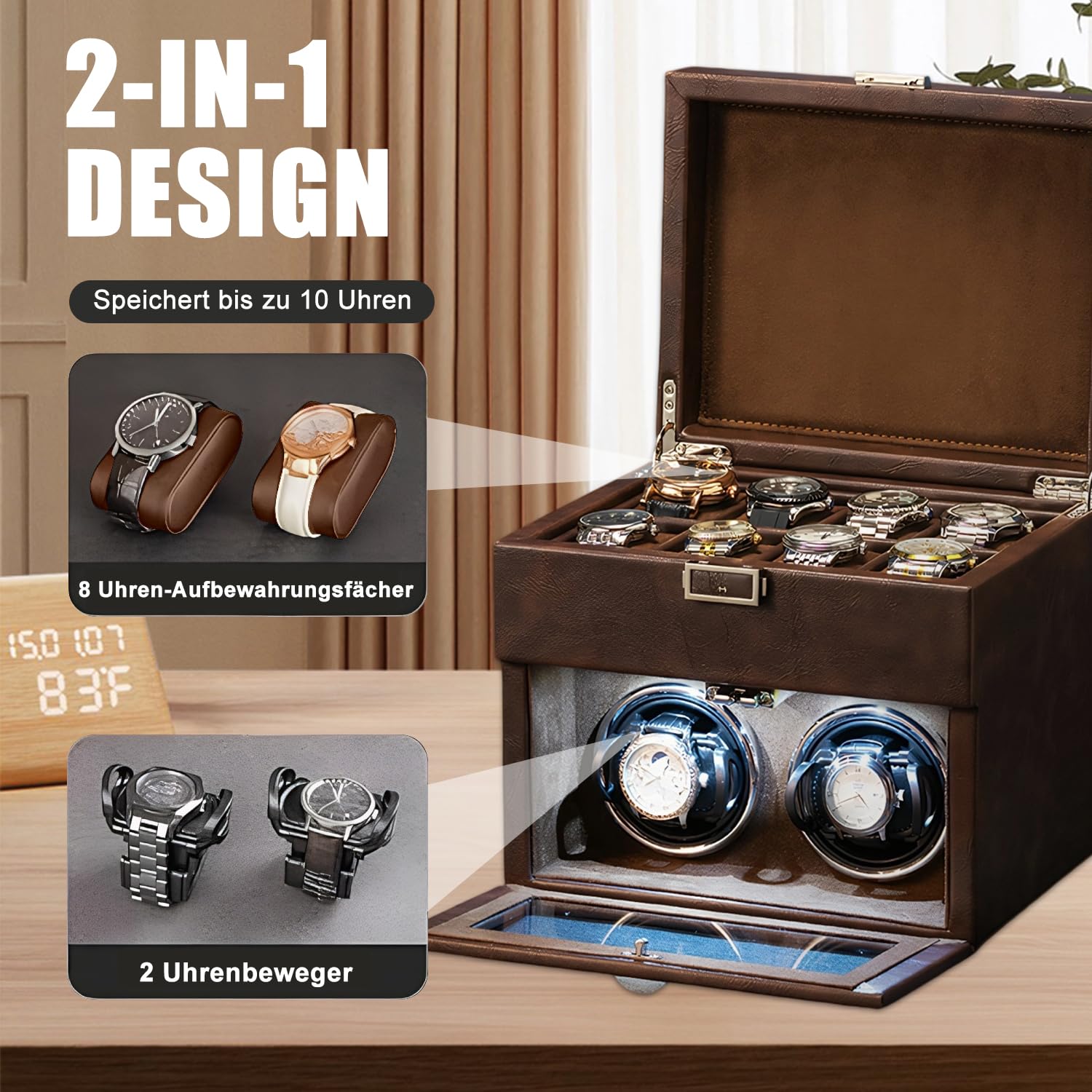 Remontoir automatique pour montres automatiques avec éclairage LED et 8 boîtes de rangement supplémentaires, remontoir automatique avec moteur super silencieux, support de montre réglable