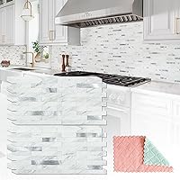 StyloVue 20 Sheets Peel & Stick Kitchen Backsplash Tiles - White Marble Metal Silver Look, Waterproof DIY for Kitchen, RV, Fireplace (9.5 Sq Ft)