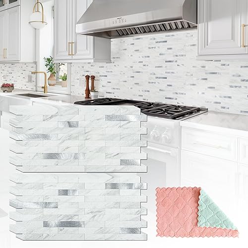 20 hojas para despegar y pegar para cocina, mármol blanco con aspecto de metal plateado que se pega en azulejos para mejorar tu cocina, caravana,