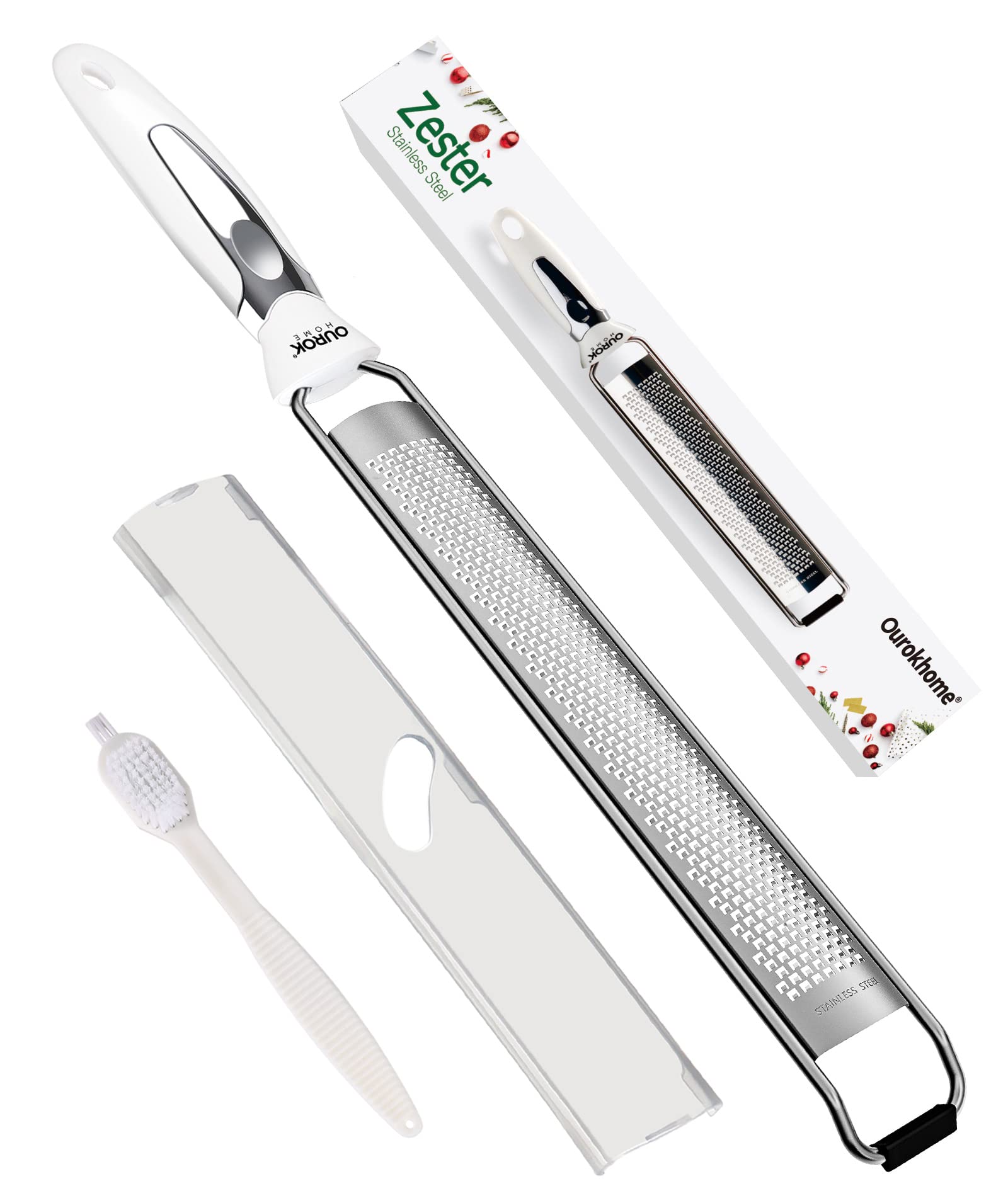 Ourokhome Kitchen Lemon Zester, Stainless Steel Hand Held Parmesan Cheese Grater for Ginger, Chocolate, Coconut, Lime, Nutmeg, Citrus, Fruit, Vegetable with Cleaning Brush, Dishwasher safe, White