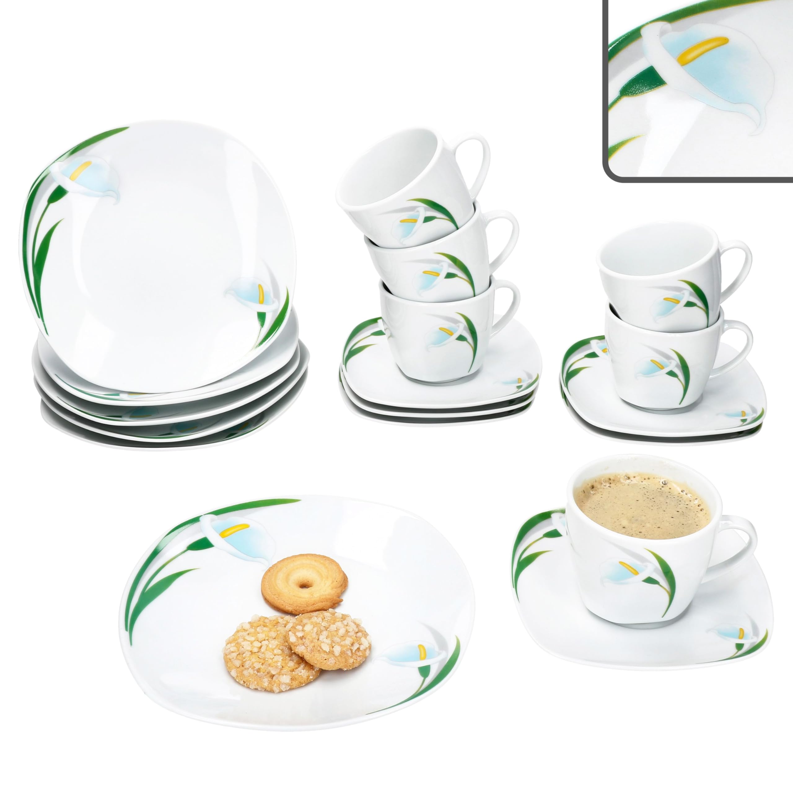 MamboCat 18tlg Kaffeeservice White Calla I Florale stilvolle Porzellan-Geschirr mit Blumen-Dekor für 6 Personen I Je 6X Tassen 150ml, Untertassen & Teller für Frühstück & Kaffee