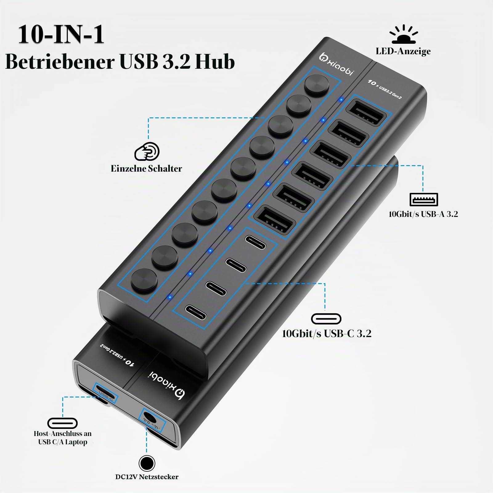 10 Port USB Hub mit Netzteil 60W - 10Gbps USB 3.2 Gen 2 Hub Aktiv aus Aluminium mit 6 USB-A & 4 USB-C Ports Individuelle EIN/Aus Schalter BC1.2 Schnelladung für MacBook, PC, Laptop schwarz