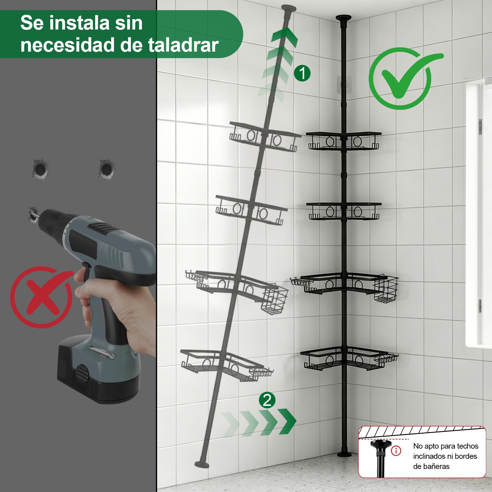 Estanteria ducha sin taladro, 105-304cm, Acero Inoxidable, para Baño | para azulejos, regulable en altura, antideslizante, 2 jaboneras, toallero, cesta