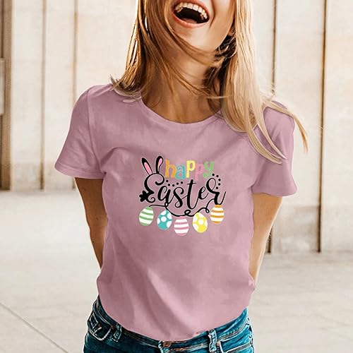 Miniatura 4 de Easter T Shirts for Women Funny, Easter Day Shirts Womens Bunny Eggs Printed T-Shirt Short Sleeve Graphic Tees Tops