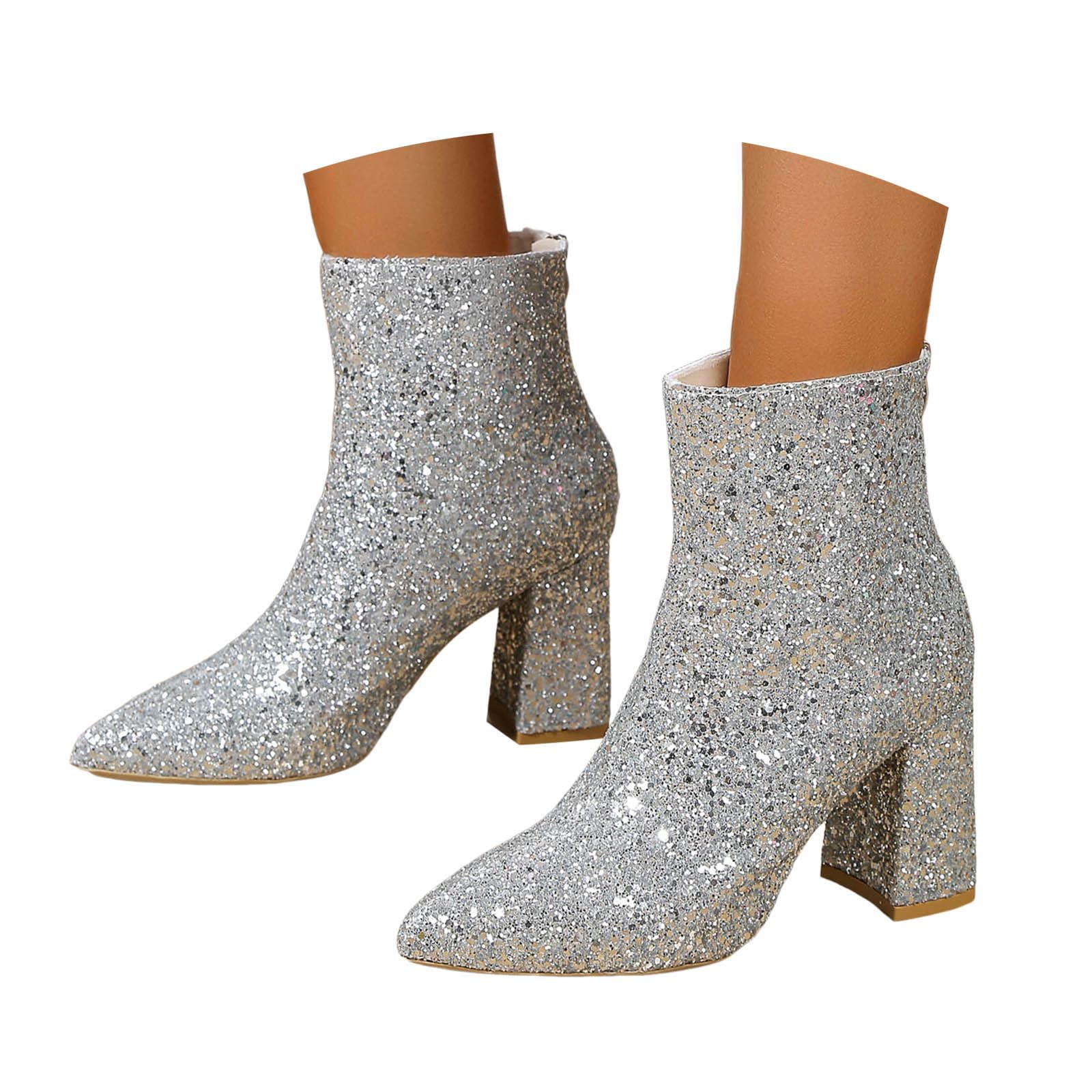 Damen Pailletten Glitzer Stiefeletten Sparkly Blockabsatz Stiefeletten Niedriger Blockabsatz Bequeme Kleid Stiefel mit Seitlichem Reißverschluss Strass Stickerei Casual Party Kleid Schuhe mit