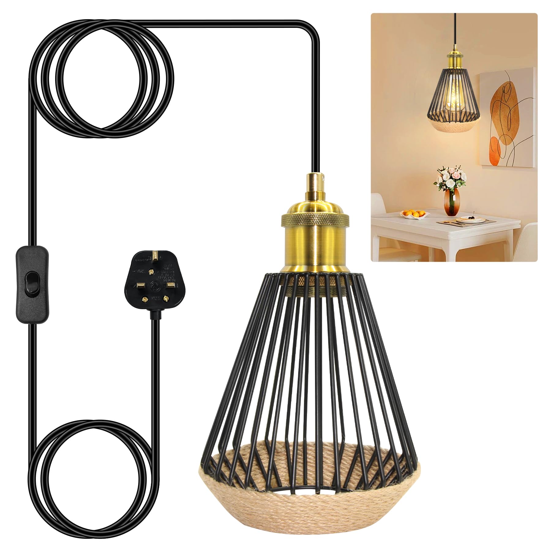 ZRLXFM 5M Cable Ceiling Pendant Light with Metal Lampshades, Rustic Plug in Hanging Light Fitting Kit,E27 Lamp Holder Lighting Fixtures for Home Décor