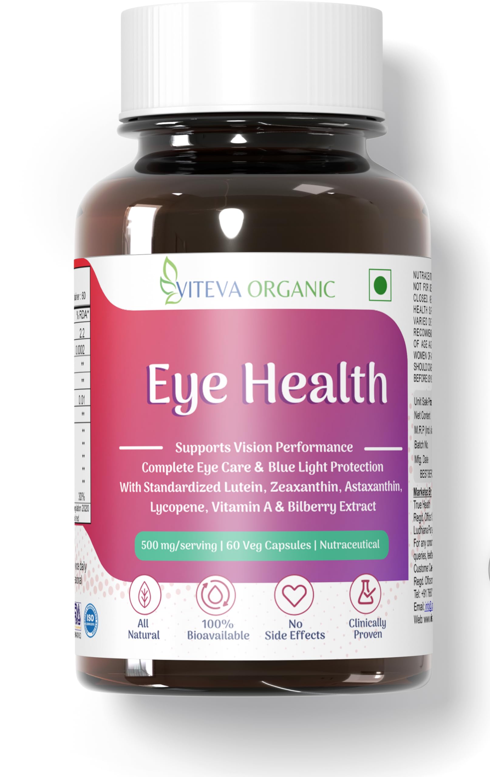 Viteva Organic Plant Based Eye Health with Lutein 20mg, Zeaxanthin, Astaxanthin, Bilberry Extract, Lycopene, Vitamin A for Healthy Vision Support, Reduces Digital Strain & Fatigue From High Screen Time | 500mg 60 Veg Capsules (B0BBJ5BQDJ) Amazon Price History, Amazon Price Tracker