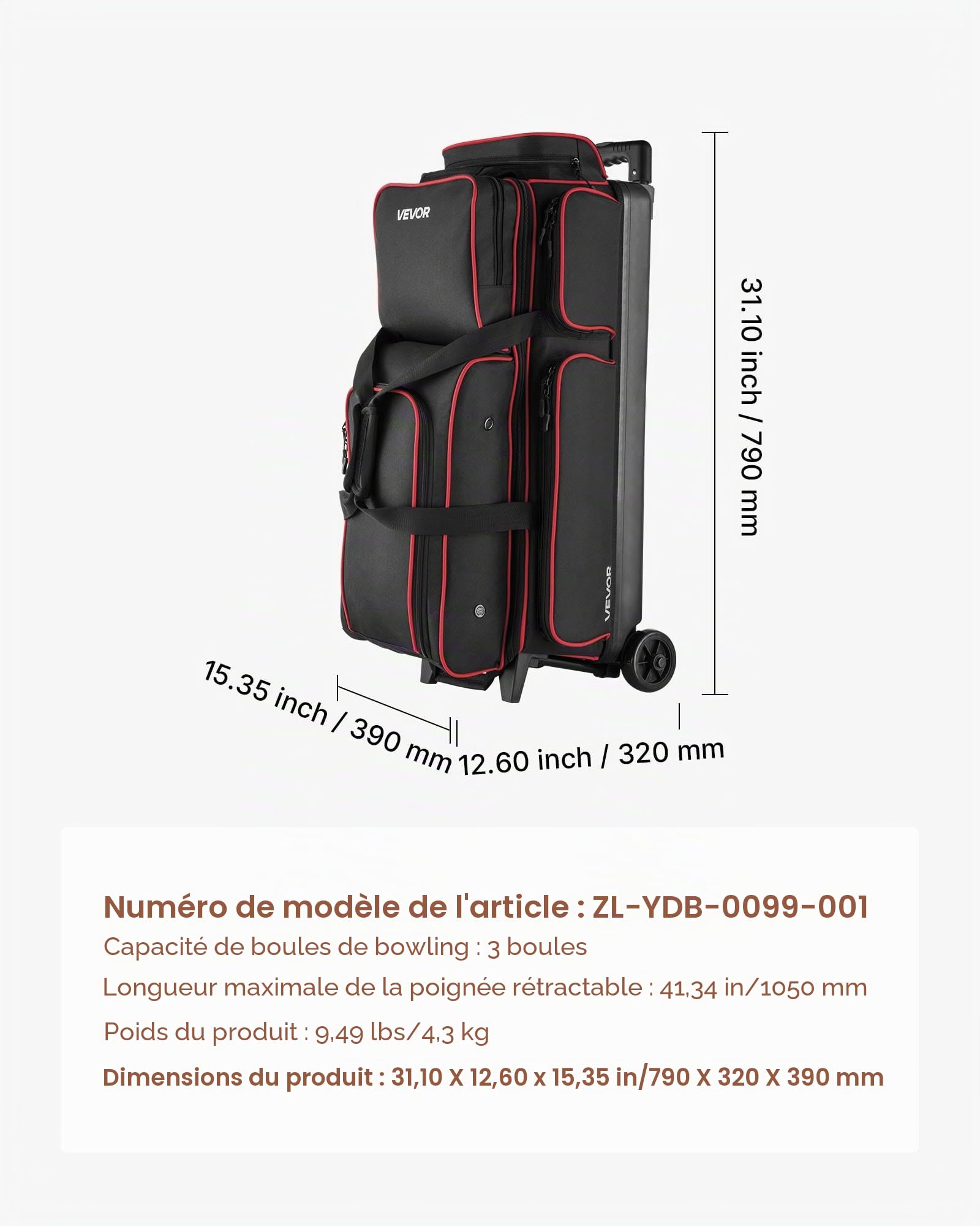 VEVOR Sac de Bowling à roulettes, Valise de Transport pour Bowling Capacité 3 Boules, avec Compartiment pour Chaussures, Poche pour Accessoires Surdimensionnée et Poignée Rétractable Extensible