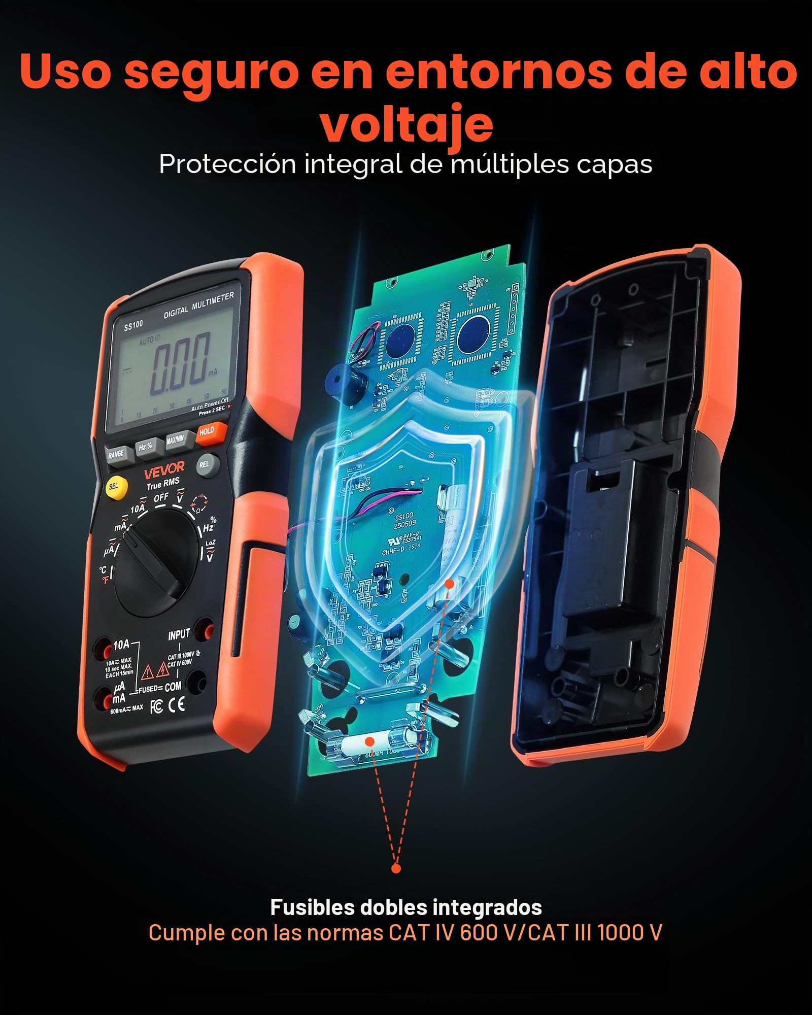 VEVOR Multímetro Digital TRMS, 6000 Cuentas, Voltímetro, Prueba de Voltaje CA/CC, Corriente, Resistencia, Capacitancia, Frecuencia, Temperatura, Continuidad, Baja Impedancia y Ciclo de Trabajo