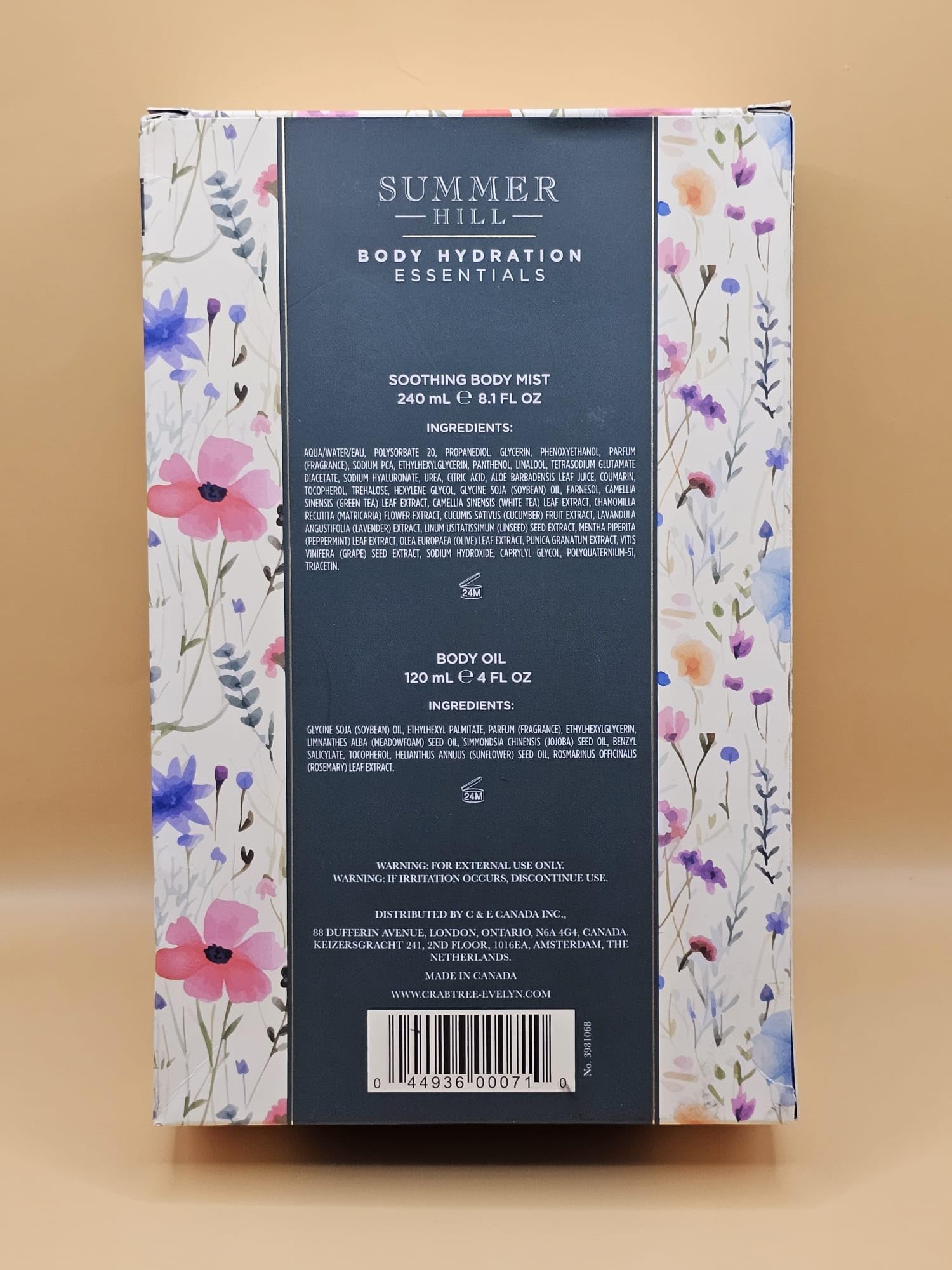 Crabtree & Evelyn Summer Hill Body Hydratation Set - Beruhigender Körpernebel (226 ml) Körperöl (113 ml)