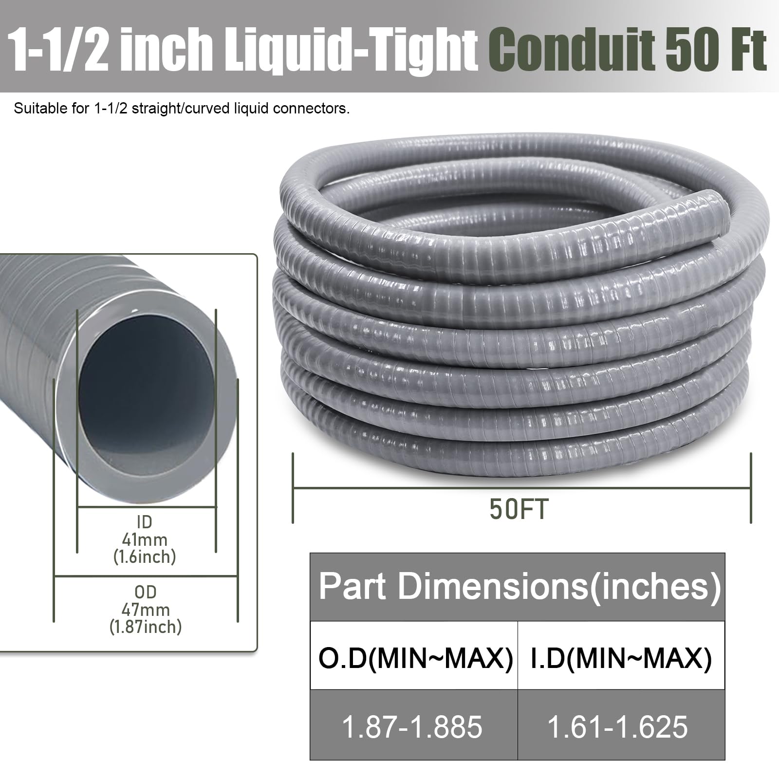Kit de conducto y conector no metálico de 1 1/2 pulgadas y 50 pies, incluye 5 accesorios rectos y 4 ángulos para cableado eléctrico