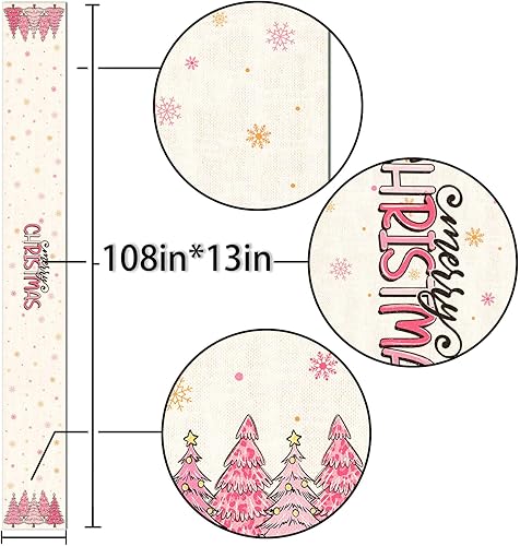 Miniatura 5 de Nepnuser Camino de mesa de Navidad rosa con árbol de Navidad, decoración de fiesta de invierno, decoración de temporada para el hogar, cocina,