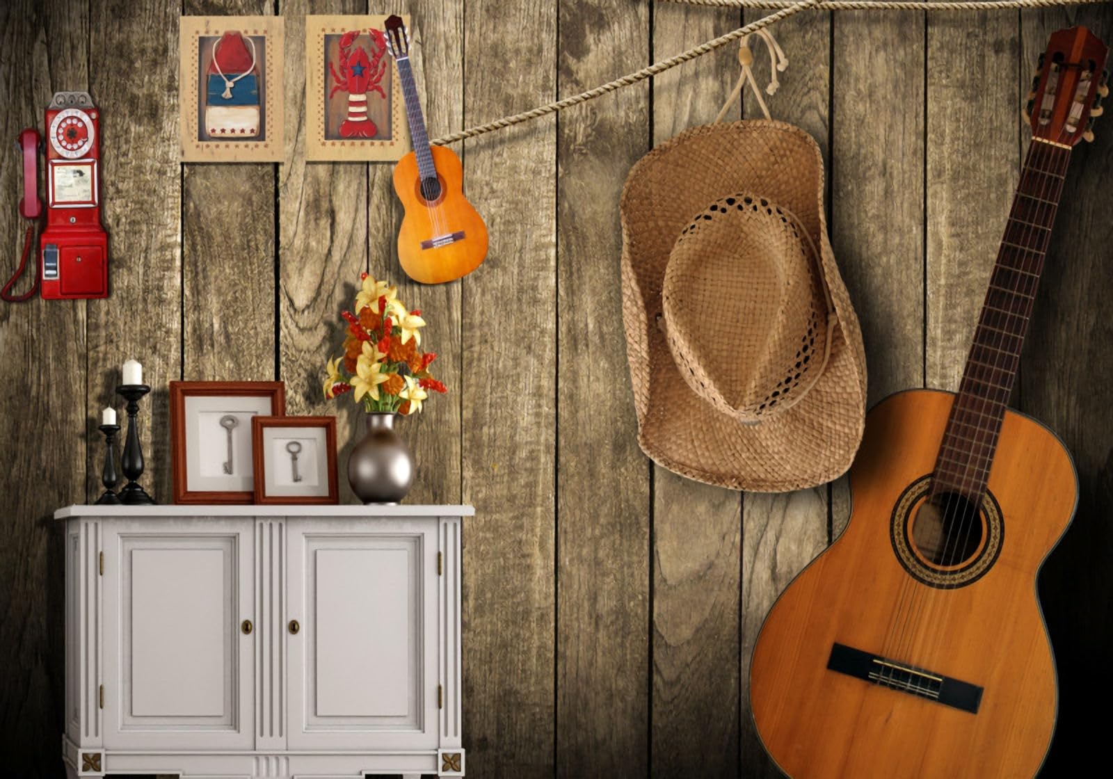 Papier peint panoramique guitare vintage en trompe l'œil 3D effet bois pour salon