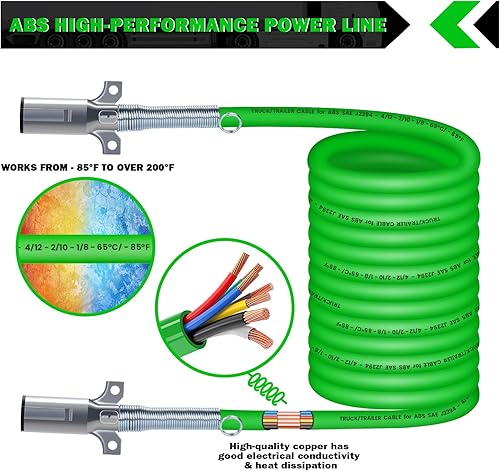 Miniatura 5 de CheeMuii Cable de remolque en espiral de 7 vías, 12 pies, bobina de alimentación eléctrica ABS verde, cable de alimentación resistente para
