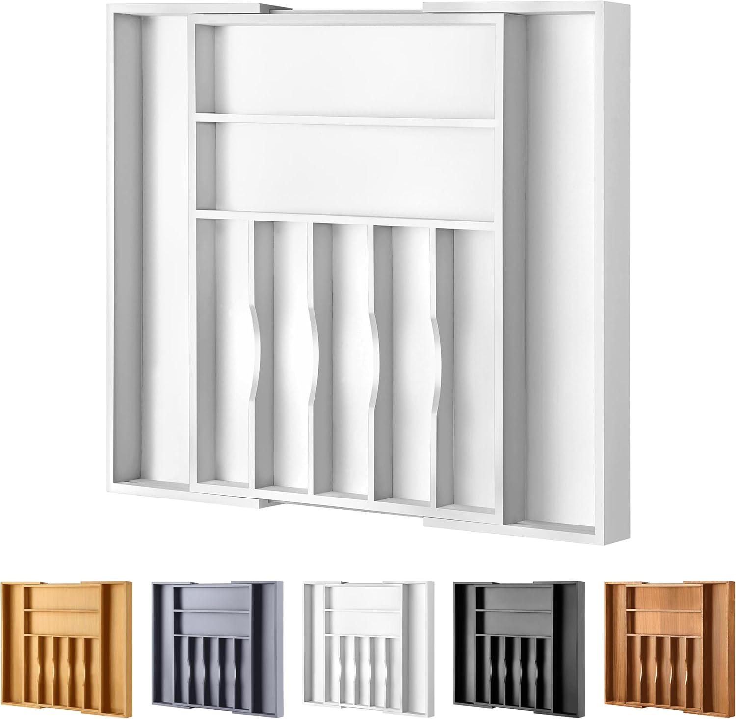 Large Premium Bamboo Silverware Organizer - Expandable Drawer Organizer & Utensil Organizer - 17"x19.7" Cutlery Tray with Dividers for Kitchen Utensils and Flatware (7-9 Slots) (White) 9 Slots Expandable White