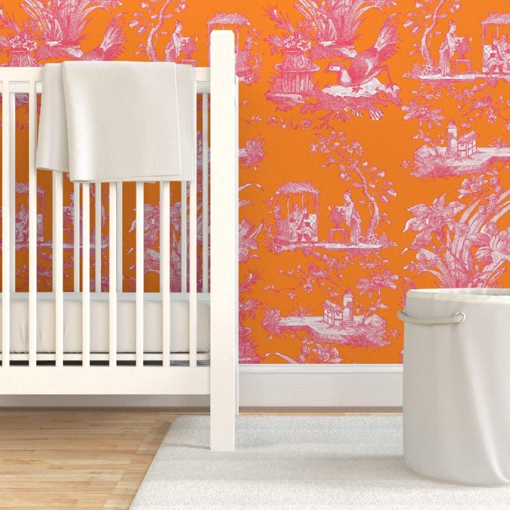 Peel & Stick Wallpaper 3ft x 2ft - Bright Orangechinoiserie Toile Pink Vibrant Chic Antique Inspired Custom Removable Wallpaper by Spoonflower