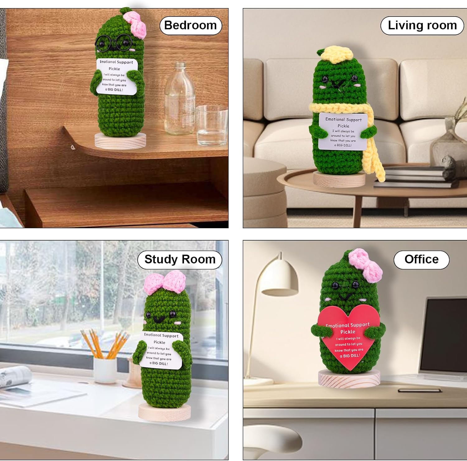 Handcrafted Emotional Support Cucumber Gift, Cute Crochet Potato Knitted Doll Decoration with Front Card, Wooden Base for Birthday Gift Home Decoration image 5