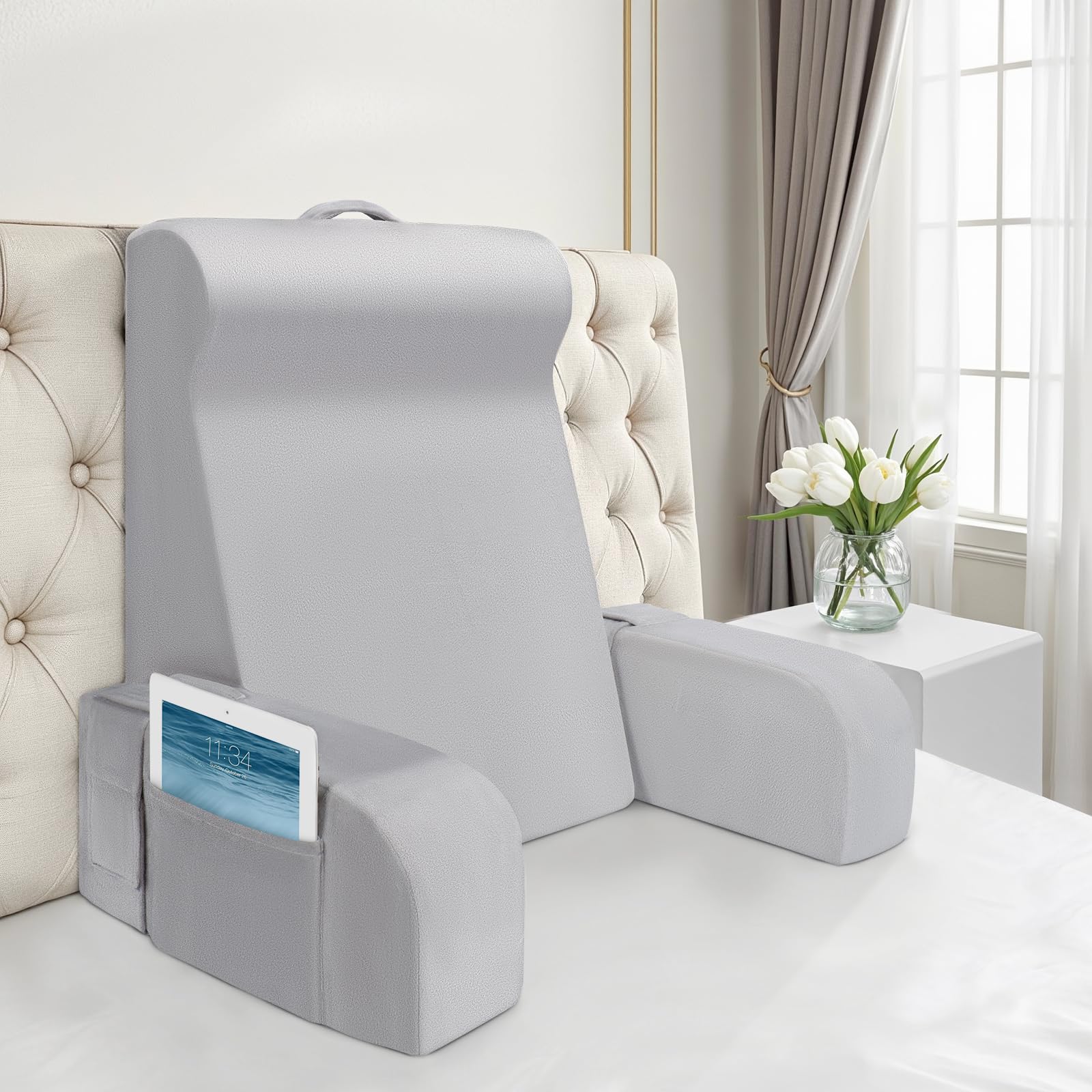 Reading Pillow for Sitting in Bed Couch Adult, Extra Large Bed Backrest Pillow with Detachable Arm Support and Pockets, Adult Back Cushions Chair for Rest, Reading, Watching TV, Grey (L-Standard)