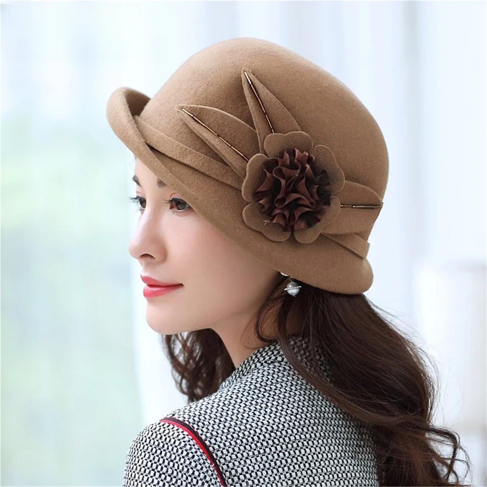 Cappello Donna Invernale Cappello da Donna in Lana Invernale in Feltro Caldo Fedora Cappello da Cloche Asimmetrico Formale da Festa Femminile(Wine Red)
