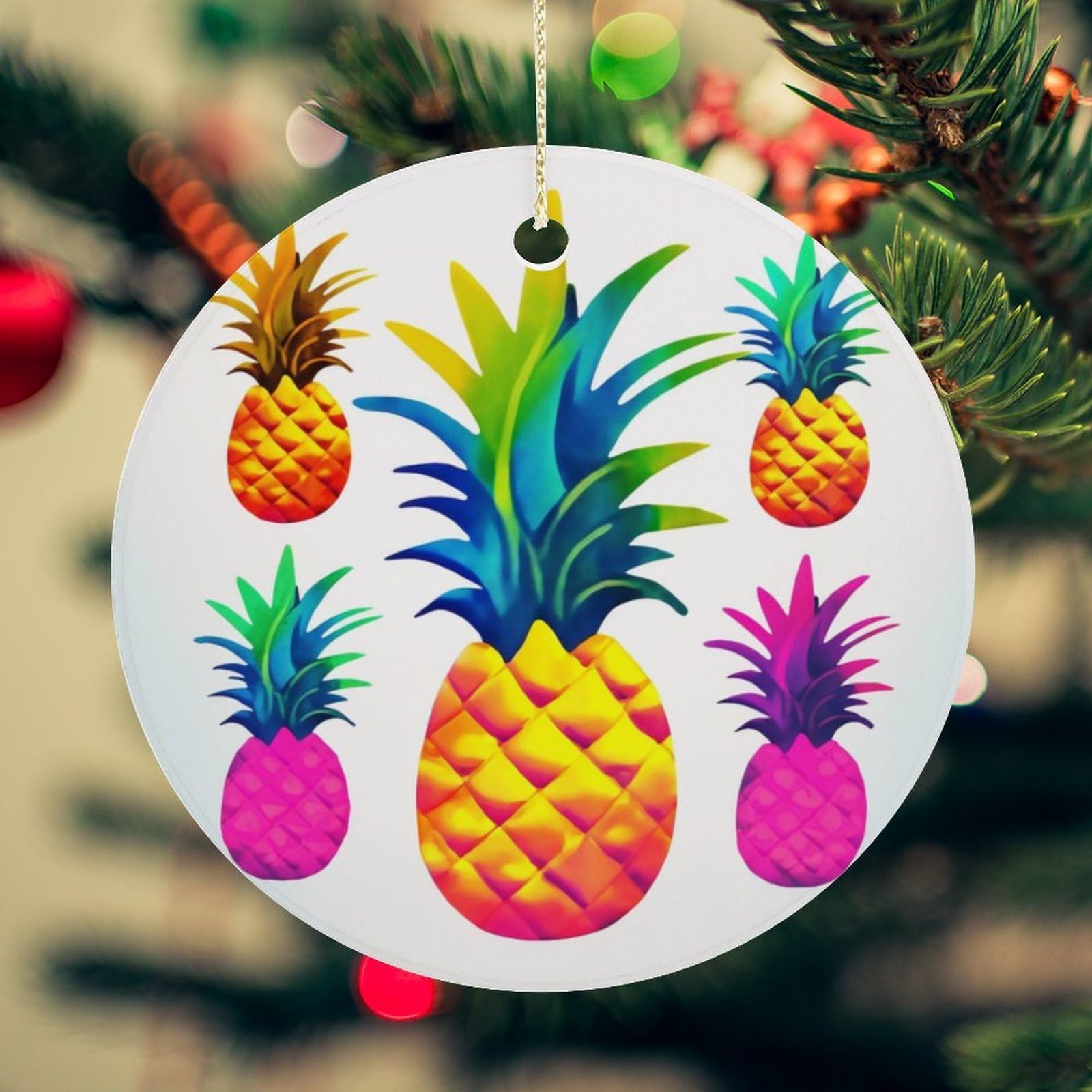 Colorful Pineapple Christmas Ornament for Christmas Tree Ceramic Round Ornament Winter Holiday Keepsake Gift 2.7" Christmas Tree Hanging Decorations Circle Ceramic Pendant Xmas Gift