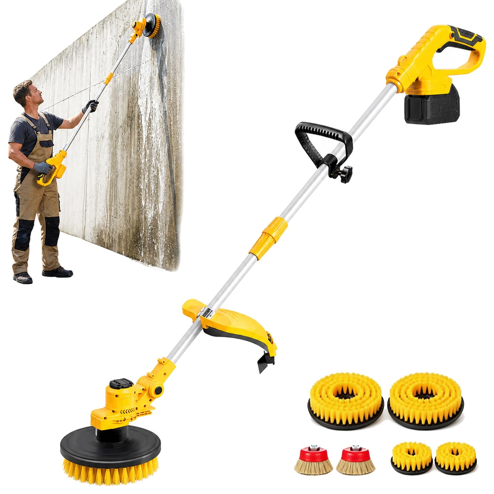 Pulidora eléctrica de hormigón y removedora de óxido, 5 ángulos ajustables | Fregadora de suelos, mango giratorio de 180°, varilla telescópica de 102-136 cm, deflector de agua, para limpieza(8.0Ah)