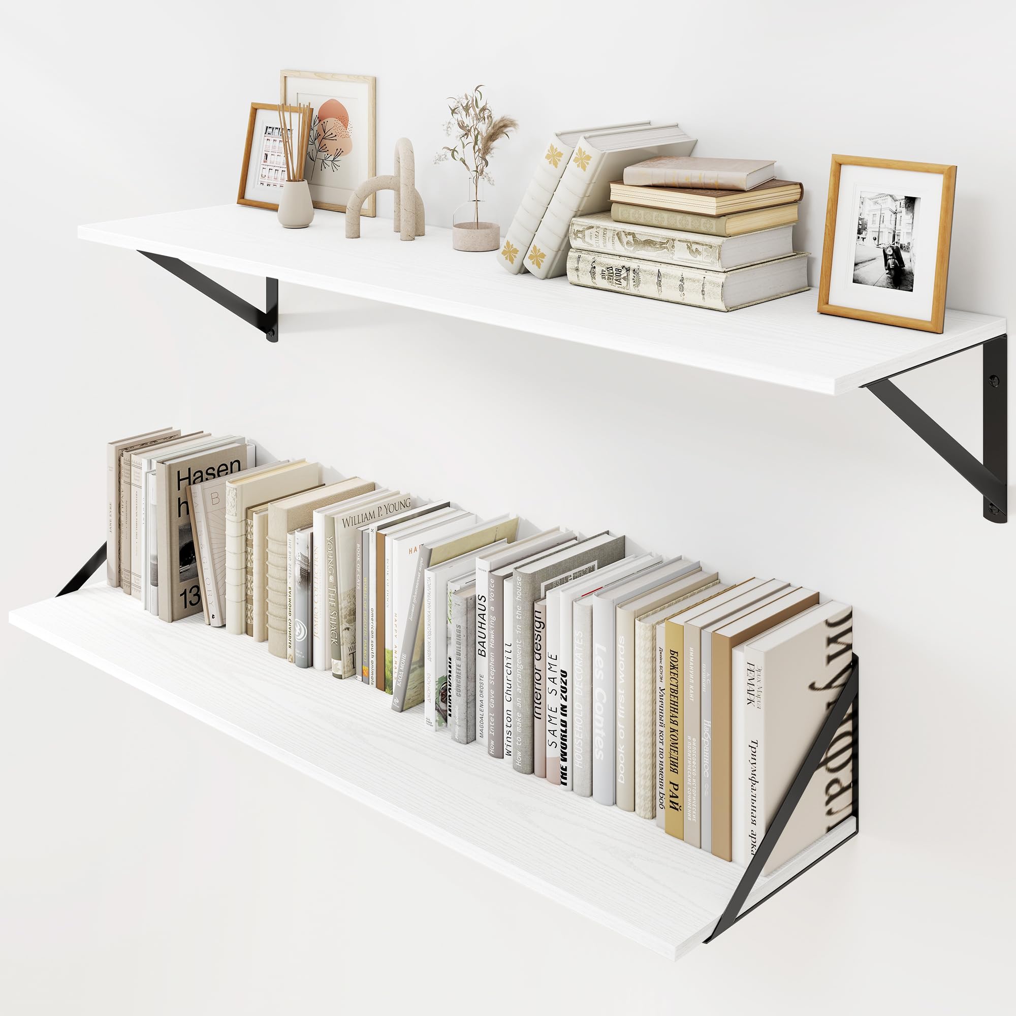 Heimlove Floating Shelves Set of 2, 90cm White Wall Shelves with Metal Brackets, Book Shelf 15cm Deep for Living Room, Bedroom, Kitchen, Bathroom, Home Office & Book Storage