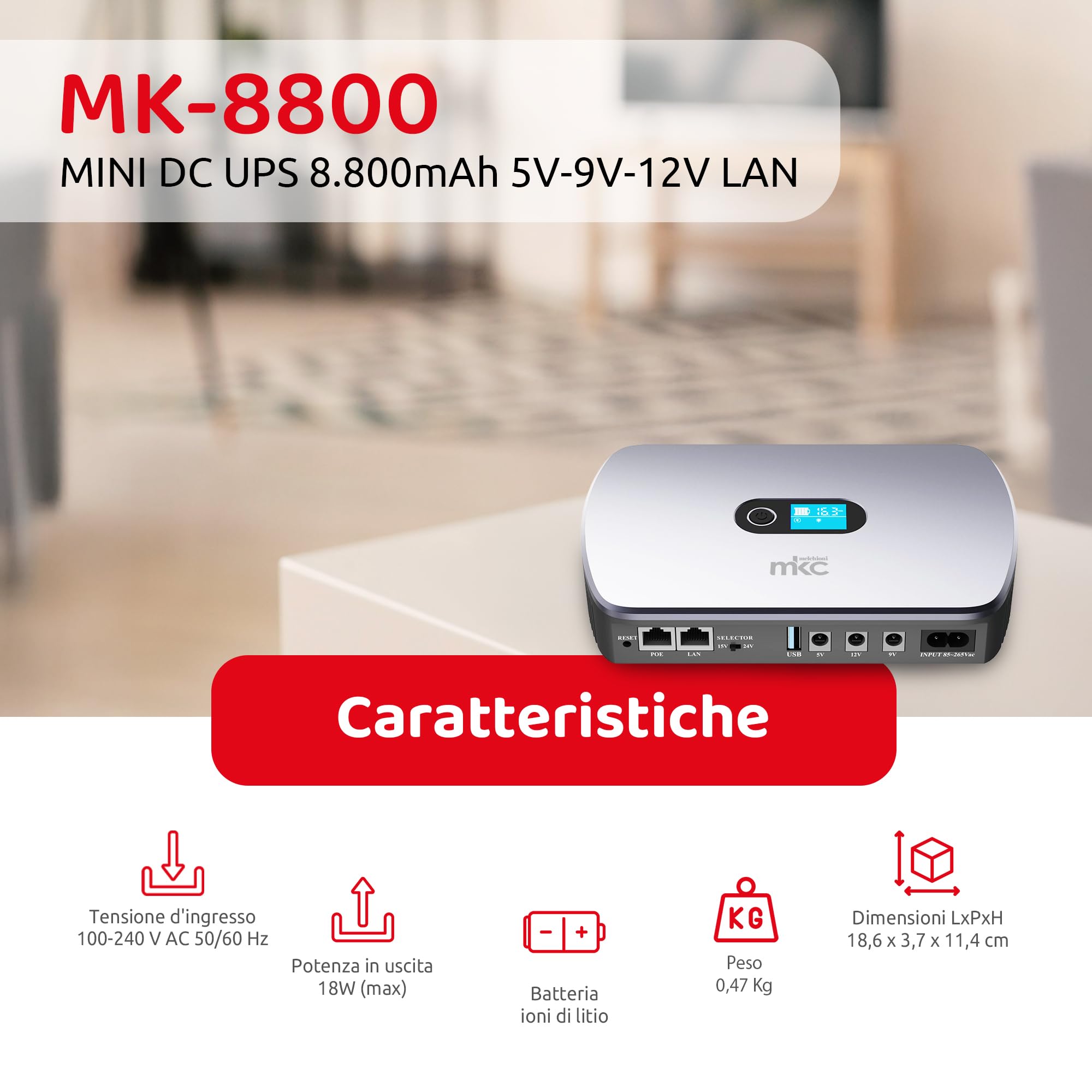 Melchioni Mini onduleur MK-8800 avec écran LCD et Plusieurs Sorties pour routeur et Intelligent, 18000 mAh (66 Wh) Alimentation sans Interruption 12 V/2 A avec USB 5 V/3,6 A et PoE
