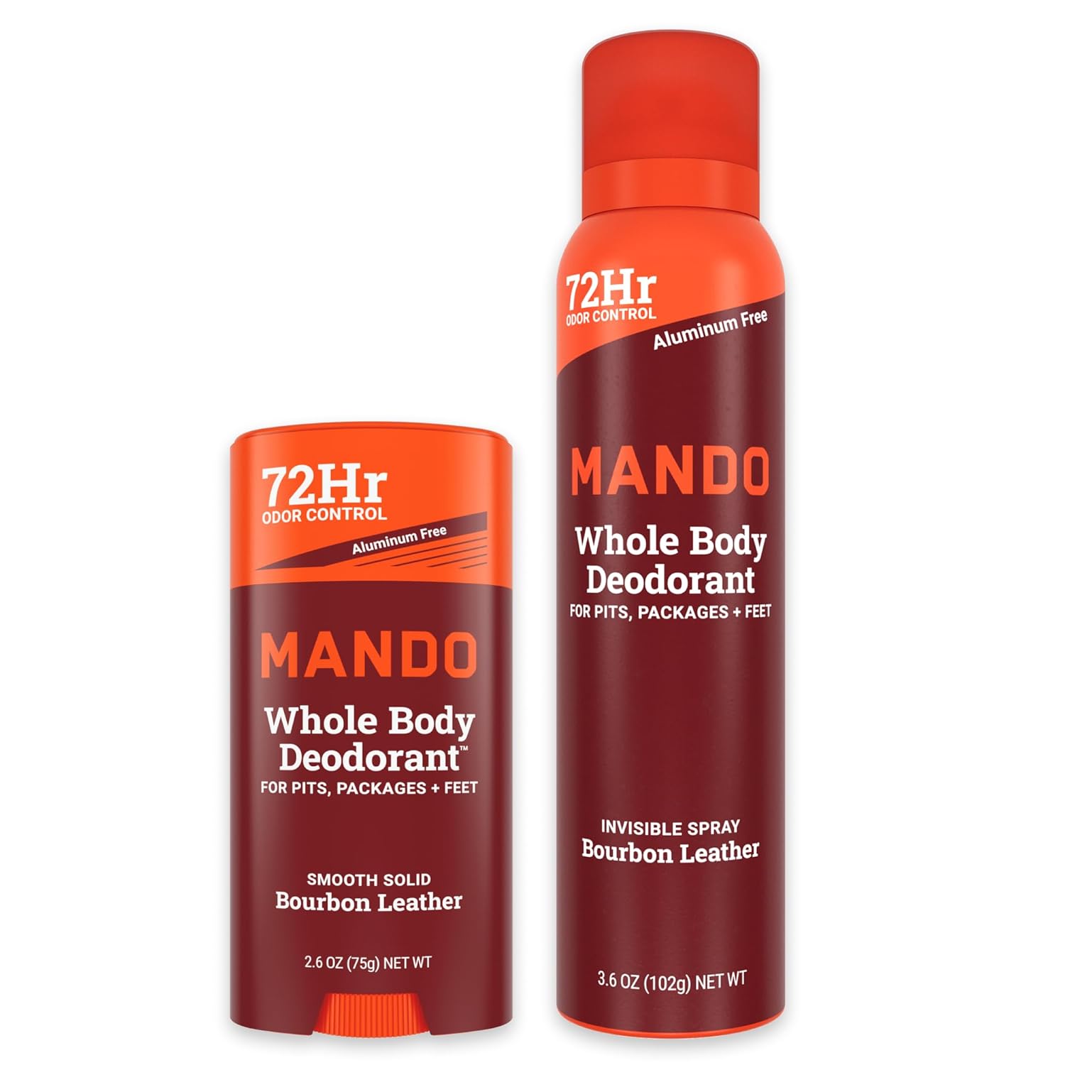 Mando Whole Body Deodorant Two-Piece System - 2.6 oz Smooth Solid Stick and 3.6 oz Deodorant Spray - Aluminum and Baking Soda Free Odor Control - Doctor Developed - 2 Piece Bundle (Bourbon Leather)