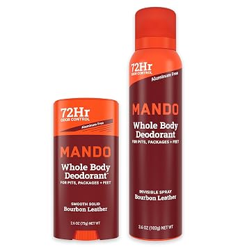 Mando Whole Body Deodorant Two-Piece System - 2.6 oz Smooth Solid Stick and 3.6 oz Deodorant Spray - Aluminum and Baking Soda Free Odor Control - Doctor Developed - 2 Piece Bundle Bourbon Leather