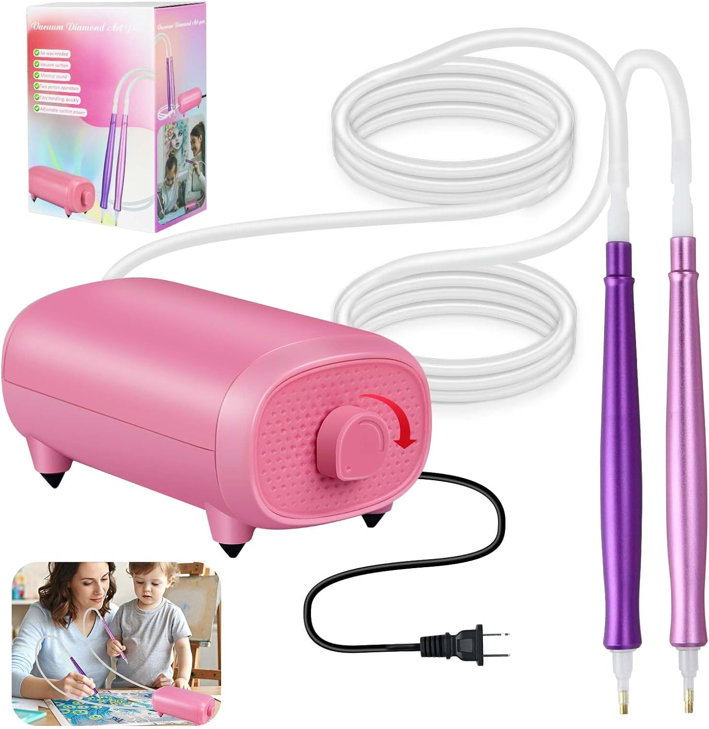 Vacuum Diamond Painting Pen with 2 Pens, Painter Vacuum Diamond Art Pen with Adjustable Suction Power, Diamond Art Pen No Wax Needed with 2 Pens, Quiet and 2 Pens Drawing at the Same Time (Pink)