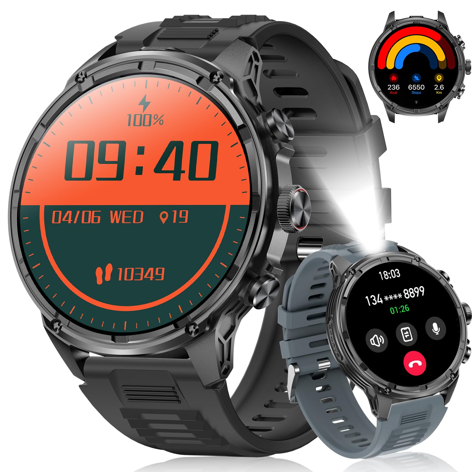 LIGE Smartwatch Uomo con Torcia LED, 1.85" HD Orologio Intelligente Fitness Chiamate Bluetooth, 710mAh Militari Smartwatch Tracker Attività 100+Modalità Sportive per Cardiofrequenzimetro, Android iOS