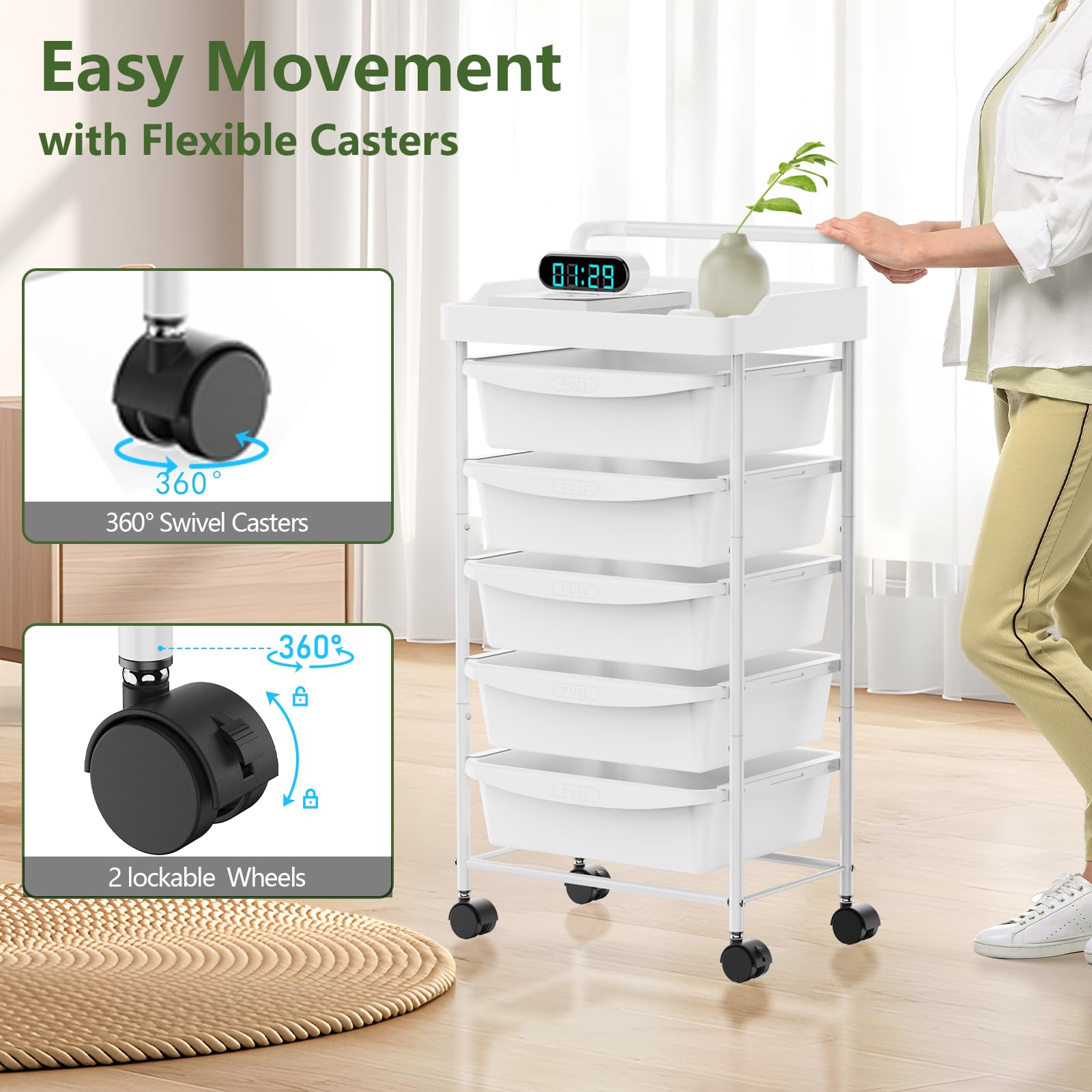 Carrello multiuso con 5 cassetti, carrello con cassetti e piano del tavolo, carrello multiuso con ruote bloccabili, organizer per soggiorno, camera da letto, ufficio, scuola, bianco
