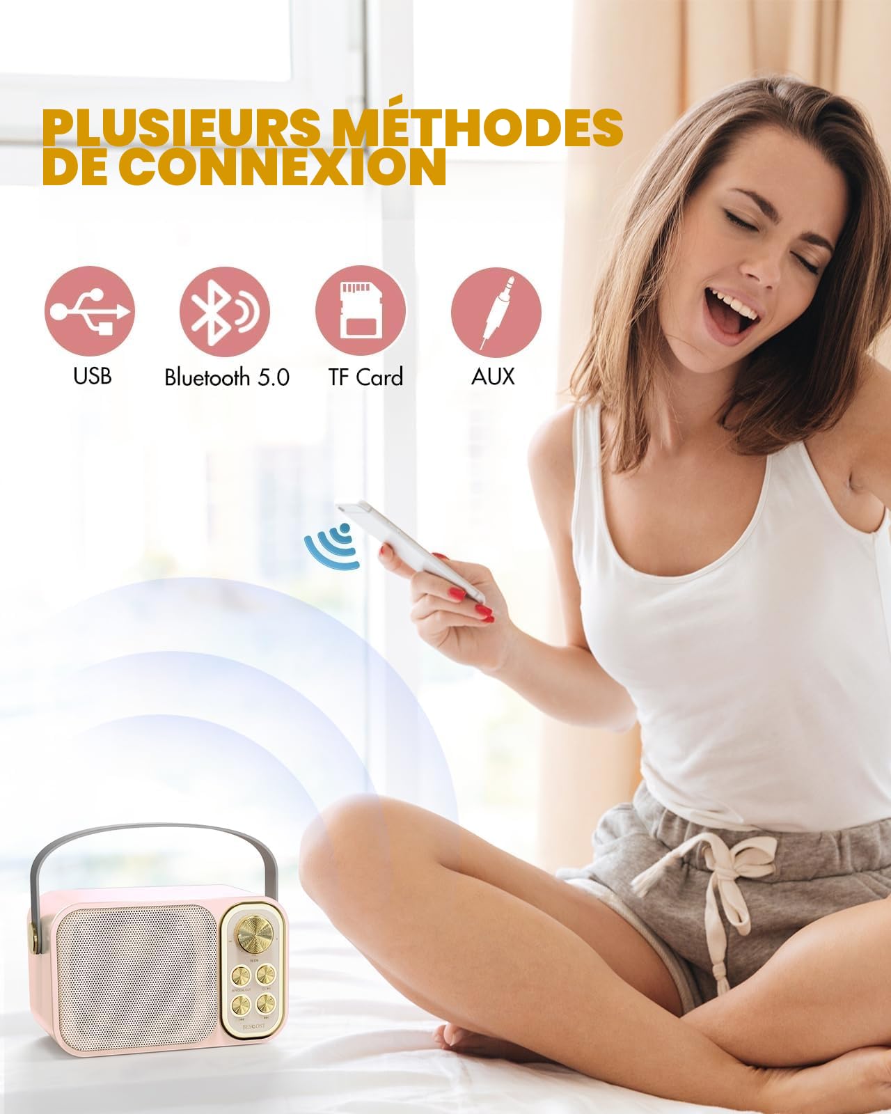 Machine de Karaoké avec 2 Micro sans Fil, Haut-Parleur Bluetooth Portable, Dispose 7 Effets Sonores, pour Fête et Voyage