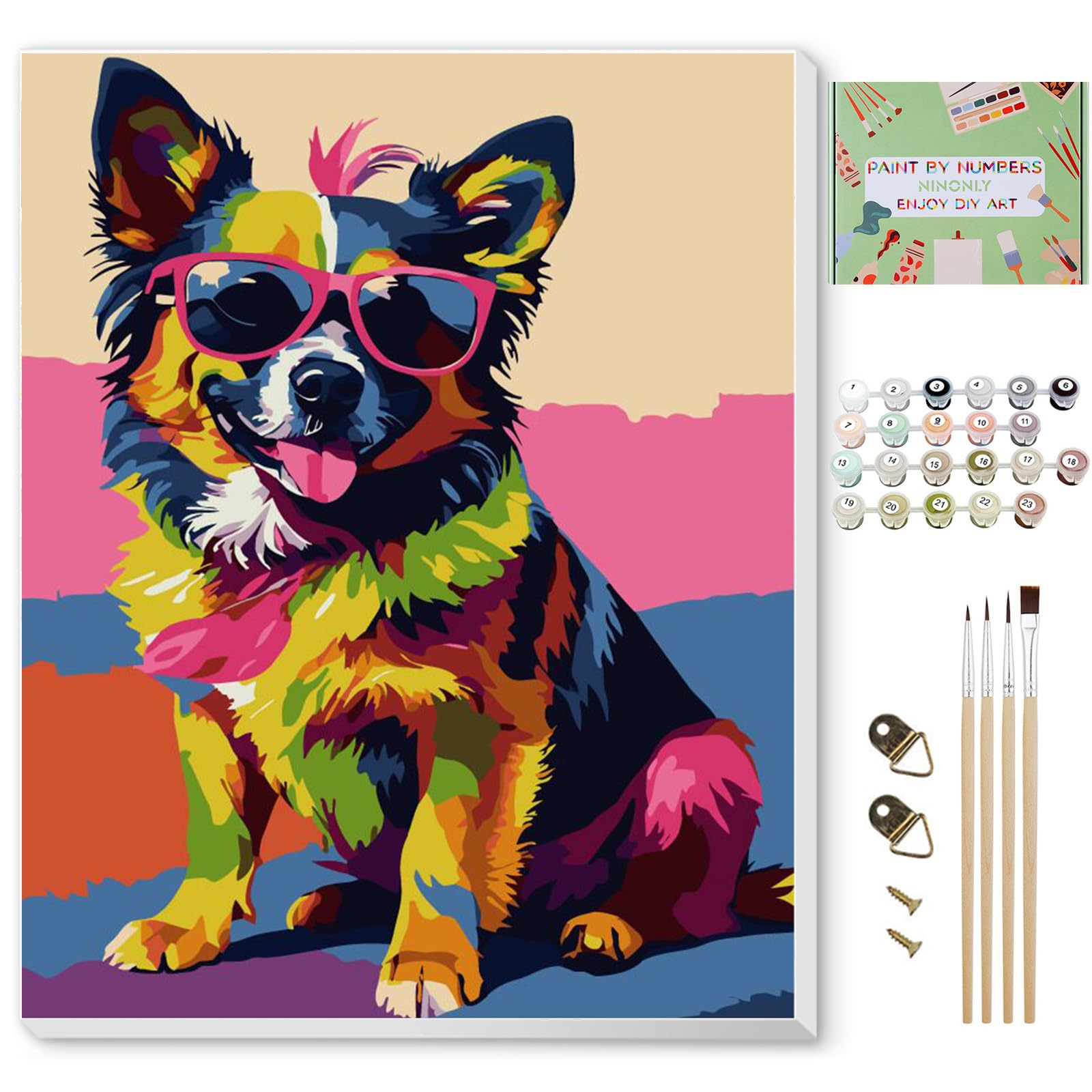 Ninonly Animal Paint by Numbers Kit for Adults Framed Canvas, Colored Dog Paint by Number Arts and Crafts Kits for Adults Beginner with Brushes, Acrylic Painting, 9 * 12 Inch