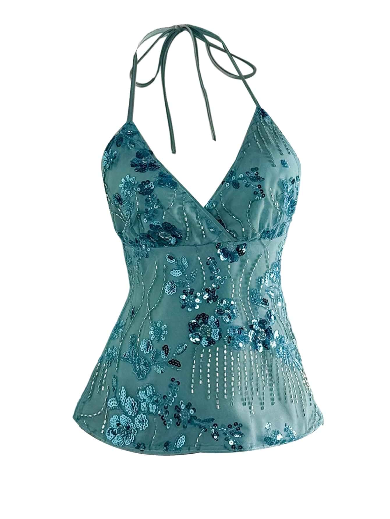 SweatyRocks Women's Sequin Tops Mesh Floral Embroidery Y2K Halter Top Rhinestone Asymmetrical Going Out Tops, Music Festival Outfits for Women