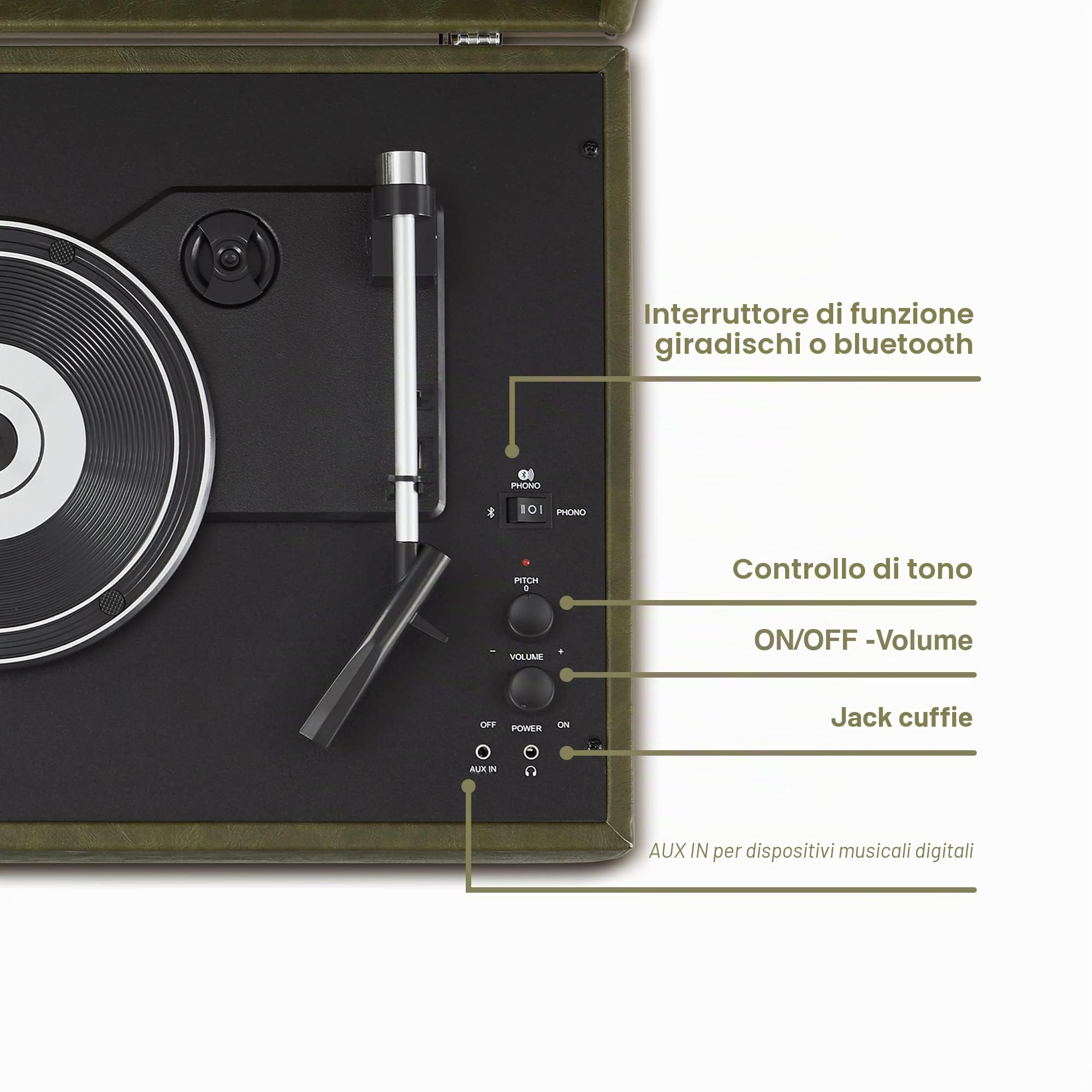Crosley Mercury Giradischi Vinili con Bluetooth In/out - Giradischi Vintage Design - Lettore di Dischi a 3 Velocità - Per 7", 10" e 12" - Portatile con Custodia Integrata - Verde