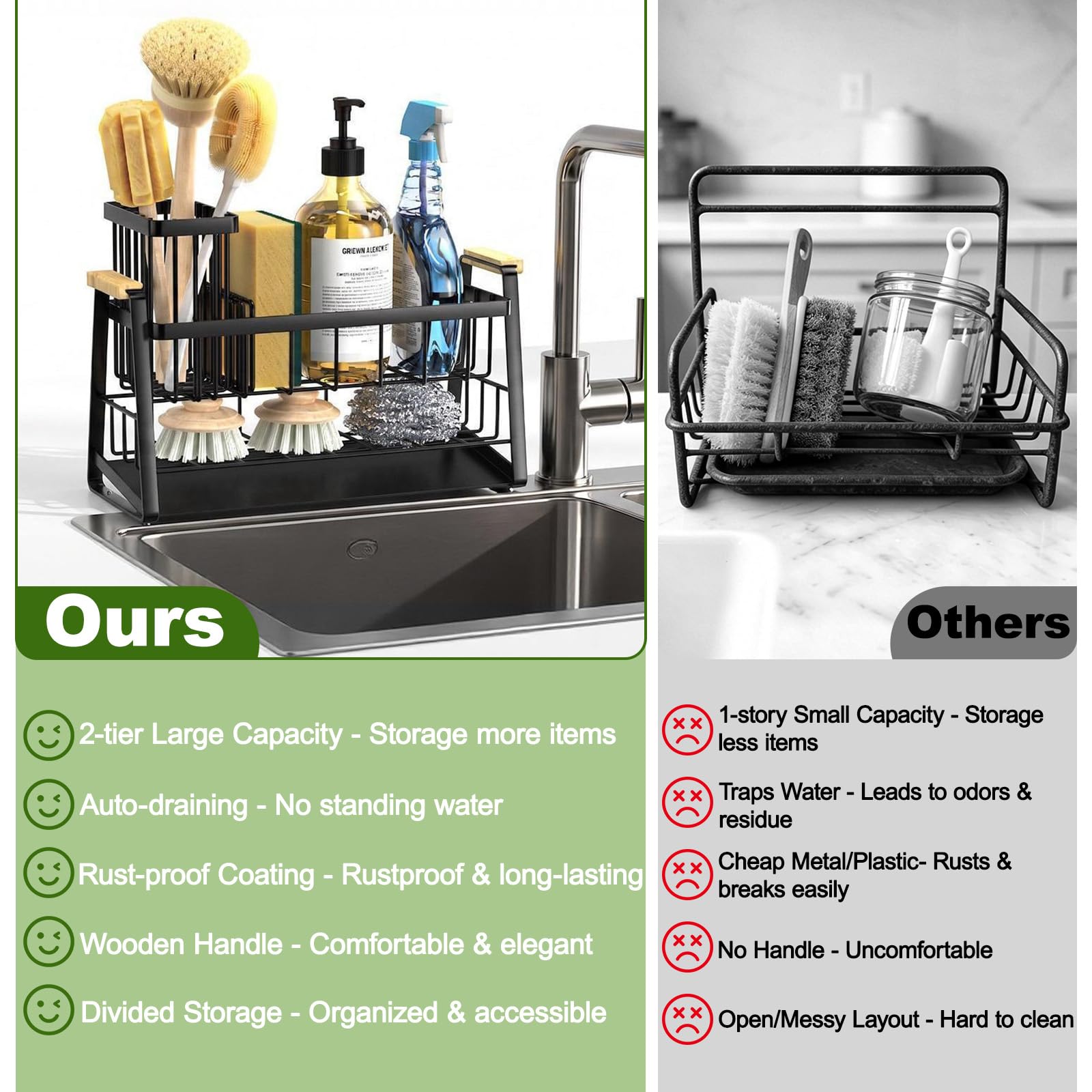 Housolution Portaspugna per Lavello Cucina, Organizer per Lavello 2 Livelli con Portaspazzole Alto e Flessibile, Accessori per Stoccaggio del Piano Cucina, Porta Dispensatore di Sapone, Antiruggine
