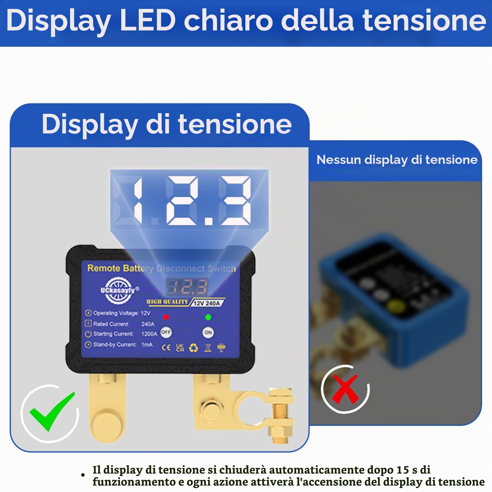 Staccabatteria telecomandato 12v 240A con indicatore di tensione a LED Interruttore antifurto per auto, camper, ATV, camion, nautica