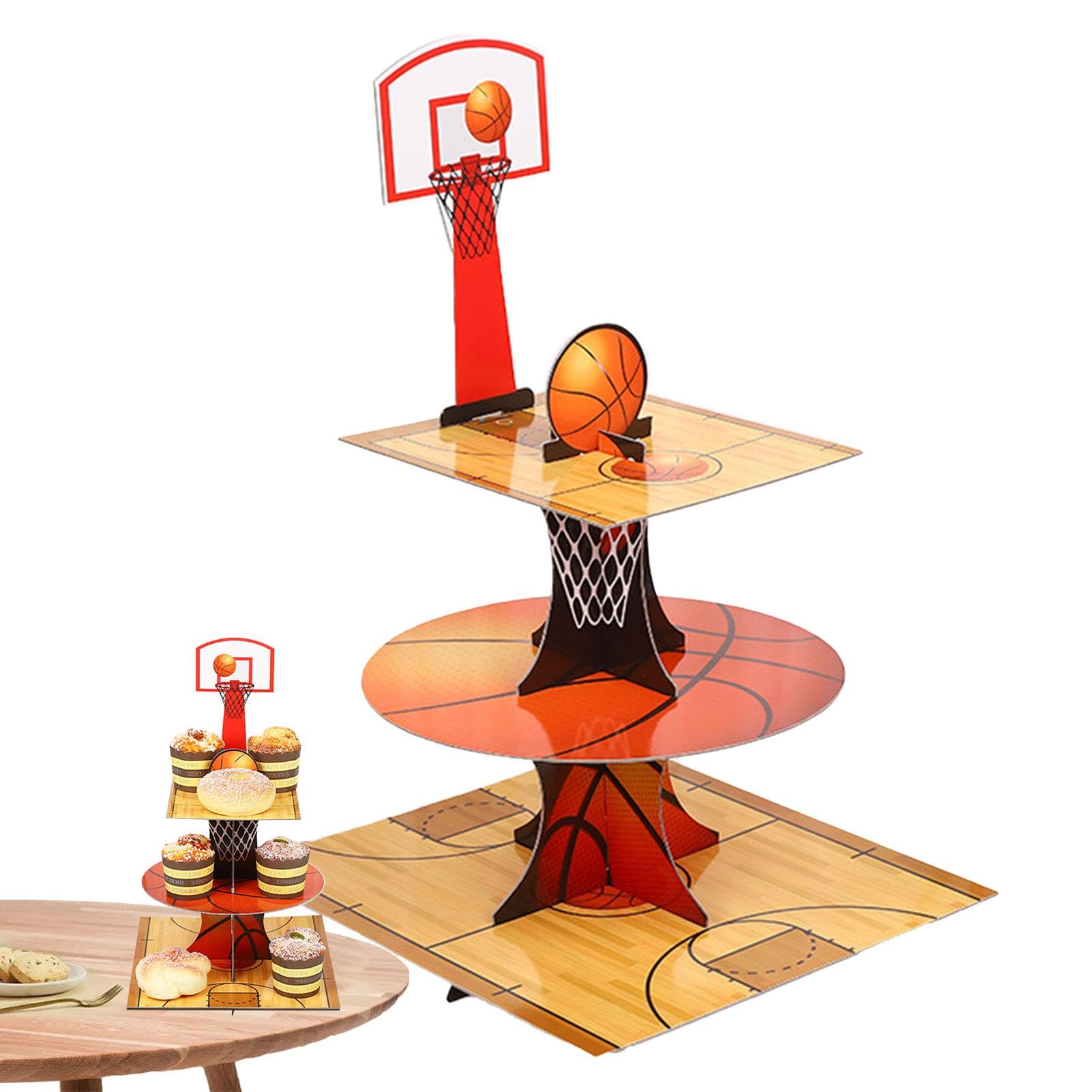 Alzata per cupcake a 3 livelli, a tema pallacanestro, espositore per dessert e dessert, antiscivolo, decorazione a tema basket per bambini