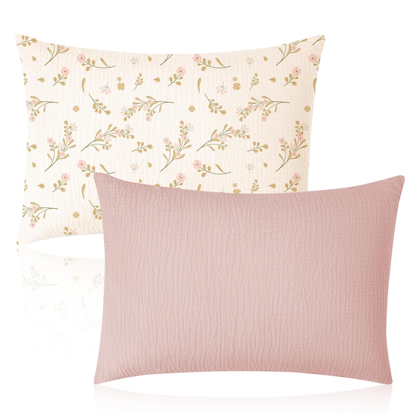 2 Pcs Toddler Pillow Cases Cotton Muslin Soft Breathable Toddler Pillow Cases Protectors for Baby Kids (Light Pink, Floral)