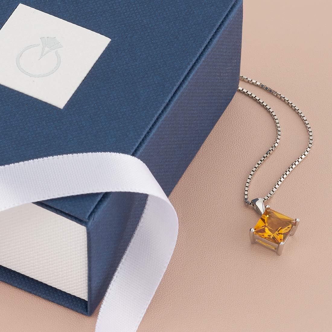 PEORA Solid 14K White Gold Citrine Pendant for Women, Genuine Gemstone Classic Solitaire, Princess Cut, 8mm, 2.25 Carats total, November Birthstone Citrine Necklace, Real Citrine Necklace