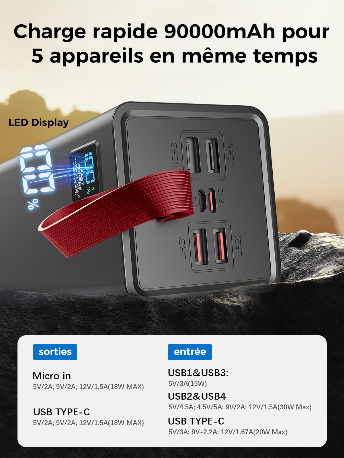 Batterie Externe 90000mAh, Power Bank PD 30W & QC 3.0 Charge Rapide avec écran numérique, Chargeur Portable Grande capacité 5 Sorties et 2 entrées, Batterie Externe iphone pour iPhone