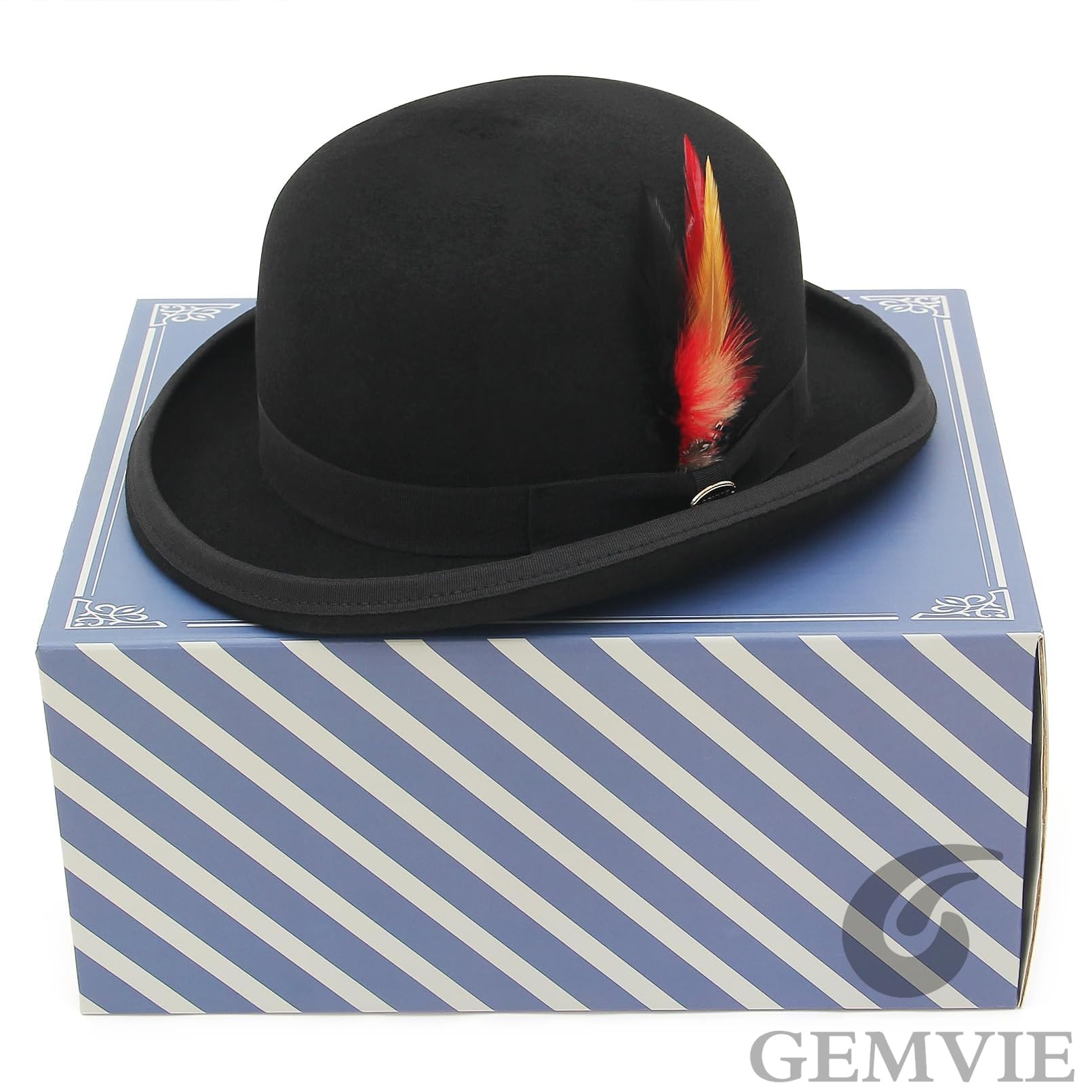 GEMVIE Chapeau Melon Derby Homme Laine avec Plume Chapeau Derby Noir doublé Satin