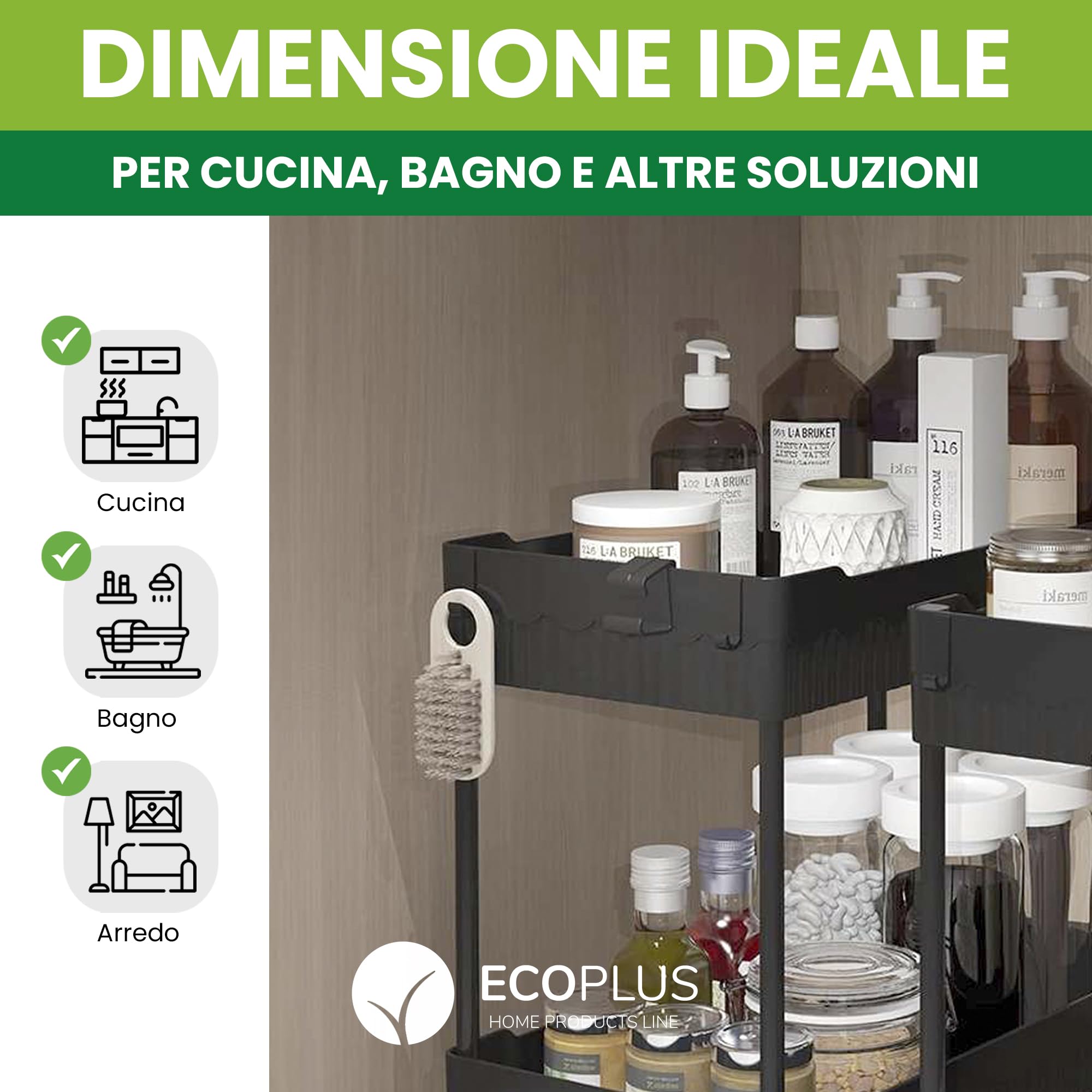ECOPLUS Organizer Sottolavello Salvaspazio Sottolavabo, Organizzatore Cucina e Bagno, Scaffale Sottolavello Nero (40x22x32 cm) con Portaoggetti, Struttura Resistente, Perfetto per Lavandino e Lavello