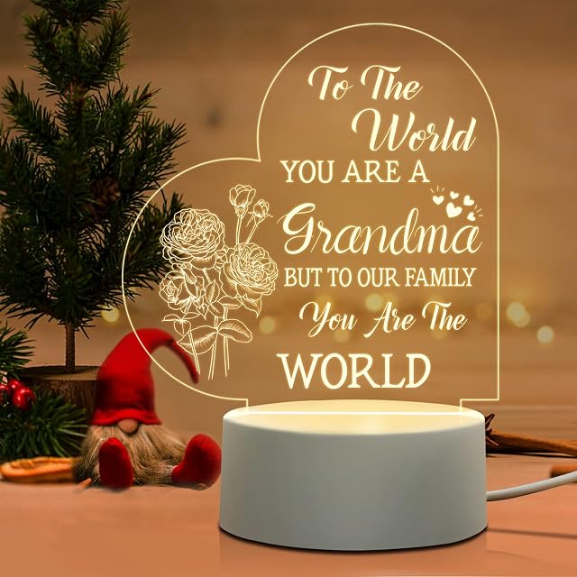 Niyewsor Christmas Gifts for Grandma Night Light - Gift for Grandma from Grandchildren, Grandma Birthday Gifts USB Powered Acrylic Night Light (Warm White Color)