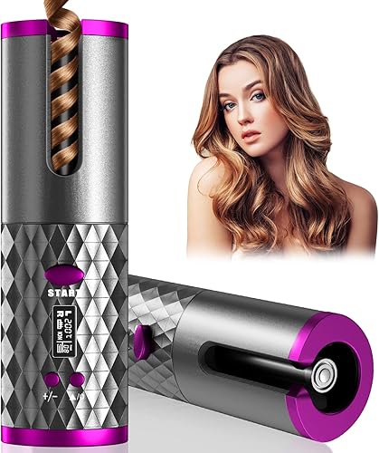 Rizador automático, rizador de pelo automático inalámbrico, rizador de pelo giratorio de cerámica con 6 temperaturas y temporizadores, varita