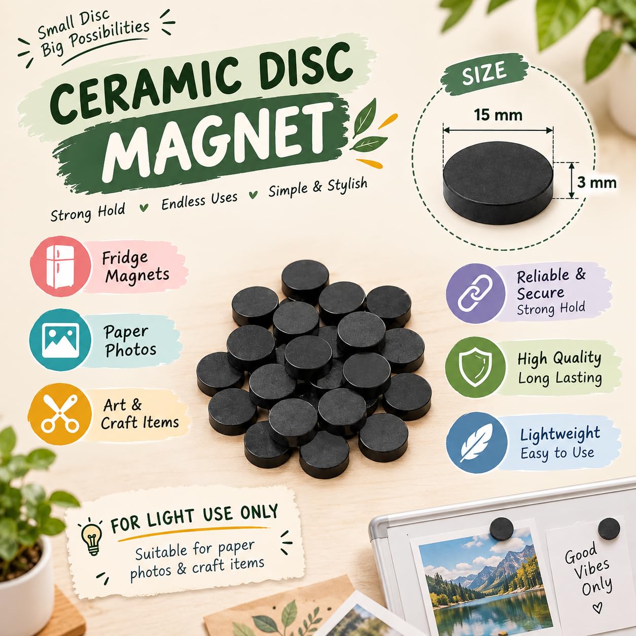 Black Round Magnets - Decorative Fridge Magnets -7 Black Round Magnets - Decorative Fridge Magnets -7