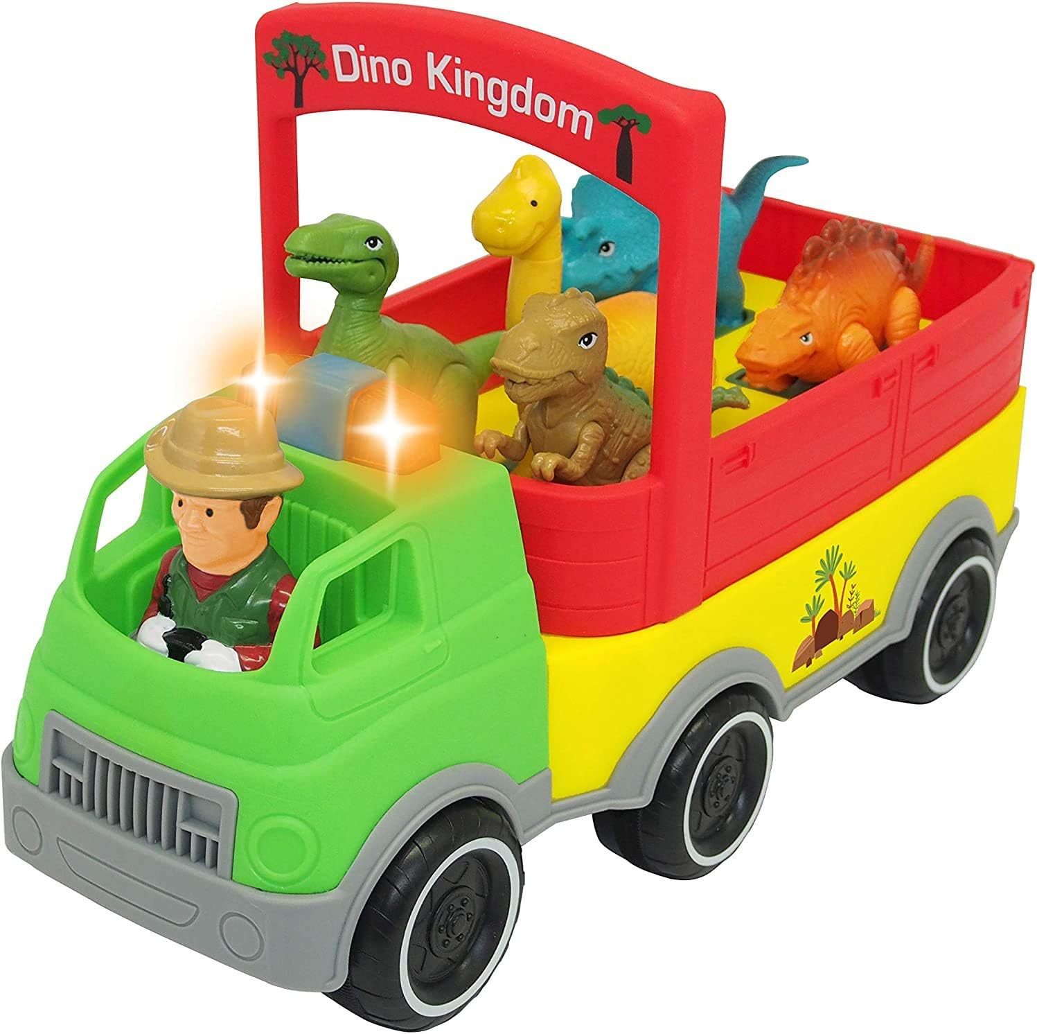 Kiddieland Dinosaur Safari Truck with Lights Sounds and 5 Roaring Dinos – Free-Wheeling Pretend Play Vehicle with Removable Driver, Music, Auto-Stop Action